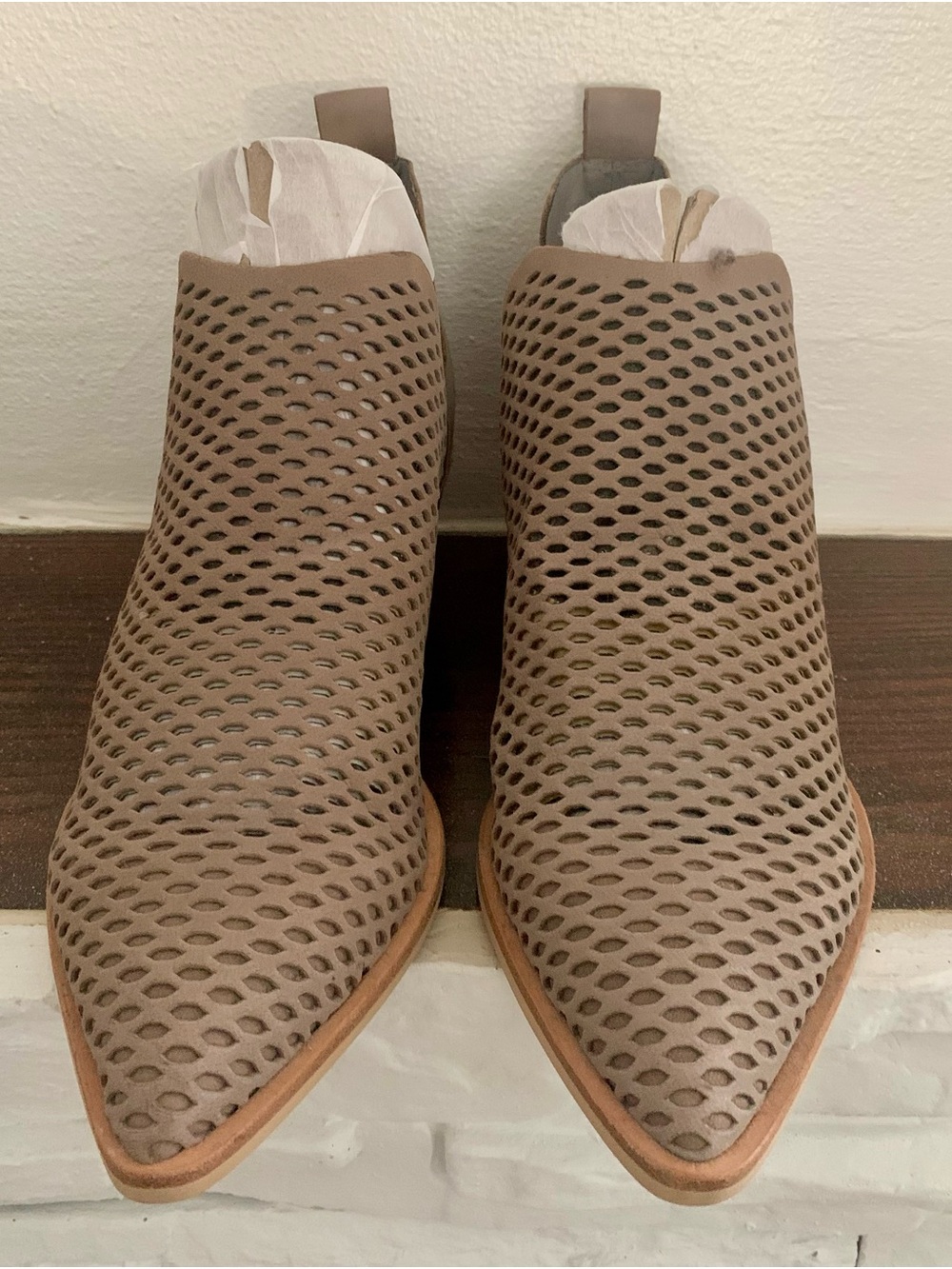 Dolce Vita Taupe Perforated Pointed-Toe Ankle Booties with Pull Tab